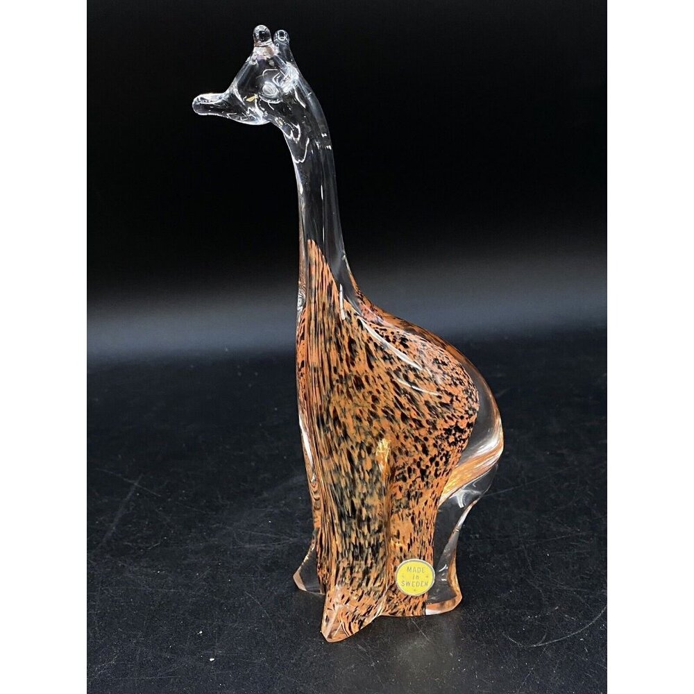 Orange Spots Crystal Art Glass Hand Blown Giraffe Figurine Paperweight 8" Sweden